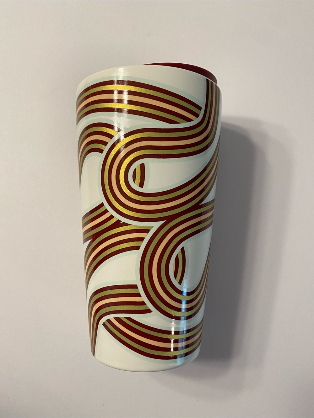 Starbucks Cream Ceramic Tumbler with Red and Brown Retro Swirl - Picture 2 of 5
